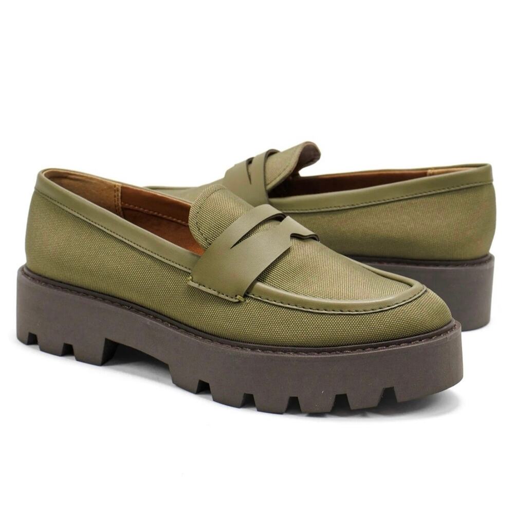 Franco Sarto size 7.5 Balin 2 Lug Sole Chunky Loafers - Olive Green Canvas